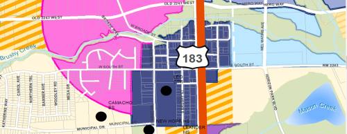 The cityu2019s Old Town sector, shown in blue, includes land southwest of the intersection of South Street and US 183 as well as portions of land south of Brushy Creek and north of South Street.