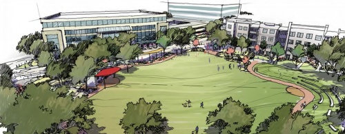 A designer's rendering shows a proposal for a park from developer Spire Realty for redeveloping the Austin Oaks property.