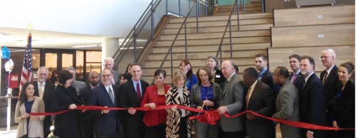 Lone Star College System officials gather in the new 85,000-square-foot LSC-Creekside facility for a ribbon-cutting ceremony Jan. 19.