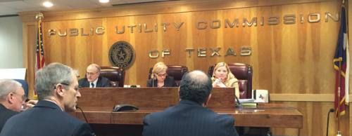 Frisco Mayor Maher Maso (center) addresses the Public Utility Commission of Texas on March 3 regarding proposed power lines in Frisco.