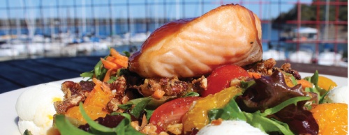 The Cedar Plank Salmon Salad ($14.95) tops mixed greens with a miso-glazed cut of salmon.