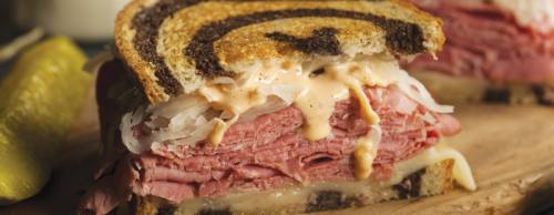 The Lox, Box & Barrel Reuben sandwich ($12.75) is made with house-made corned beef, house-made sauerkraut, Swiss cheese and Russian dressing on rye bread.