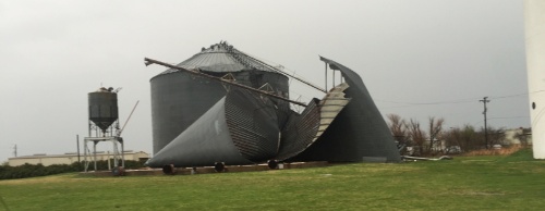 One of the metal silos near Frisco's downtown collapsed in a storm March 8.