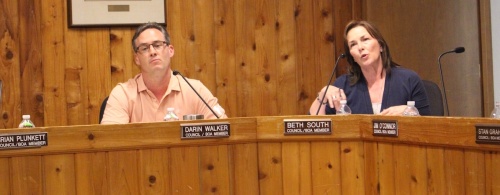 Council members Darin Walker and Beth South discuss the draft of the short-term rental citizen survey. 