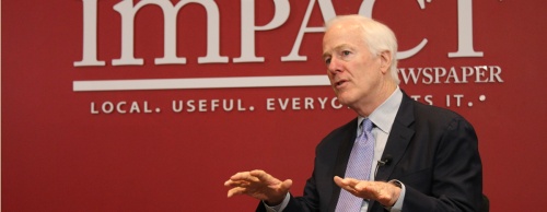 Sen. John Cornyn speaks at Community Impact Newspaper headquarters in Pflugerville April 1 as part of the Coffee With Impact series. 