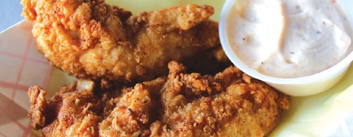 Fried chicken tenders can be ordered a la carte ($1.49 per tender) or as part of a basket for $7.29 to $9.29. 