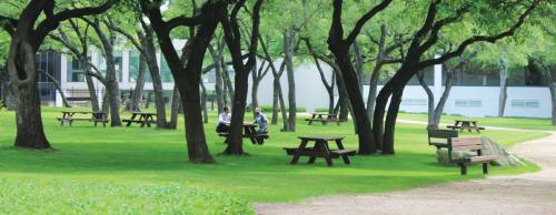 In the center of NXP Semiconductors N.V.u2019s Southwest Austin campus is a large, outdoor courtyard where employees can informally meet and work together. The outdoor space also features walking trails and a performance stage.