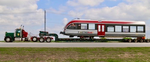 In March 2017, two trains, each consisting of two cars and an engine car, came across the Atlantic Ocean from Switzerland to Galveston, and traveled up to Austin by truck.
