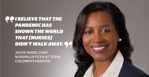 Missouri City resident Jackie Ward became the chief nursing officer at Texas Children’s Hospital in January. (Photo by Michael Carr Photography, graphic by Chase Brooks/Community Impact Newspaper)