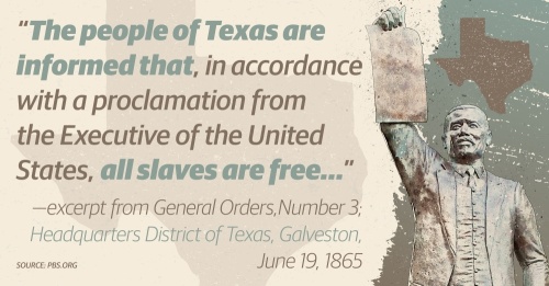 League City's Helen Hall Library History Club hosted an event related to Juneteenth on June 7. The holiday honors Union Gen. Gordon Granger coming to Galveston in 1865 to announce the liberation of enslaved people in Texas. (Graphic by Justin Howell/Community Impact Newspaper)