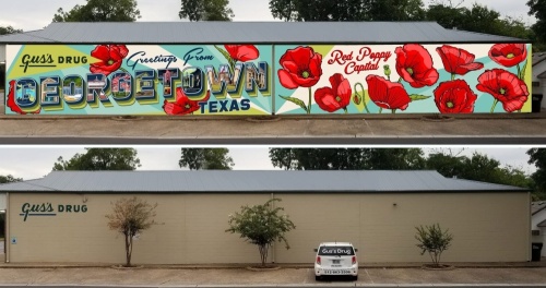 The Georgetown Arts and Culture Program is taking submissions for its next mural, like its first at Gus's Drug shown here in a before and after rendering. (Courtesy city of Georgetown)