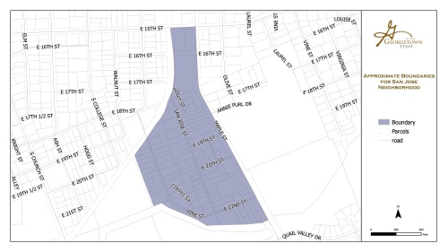 The Historic San Jose neighborhood is a 0.06-mile area south of 15th Street, west of Maple Street and east of Pine Street. Boundaries are unofficial and subject to change with the plan. (Map courtesy city of Georgetown)