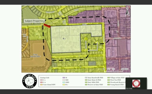 A request made by residents in the southwest corner of Franz Road and Avenue D to change the encircled area from residential, single-family properties to a commercial property zone was denied by Katy City Council on April 11. The city's Planning and Zoning Commission recommended the denial, and many residents spoke in opposition to this request at a public hearing. (Screenshot courtesy City of Katy)