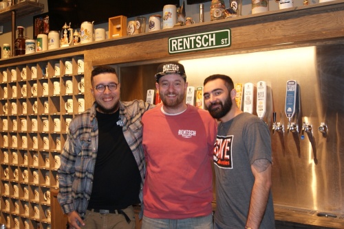 The taproom crew at Rentsch Brewery includes, from left, Julian Newman, General Manager Matt Davis and Assistant Manager Will Hickman. (Eddie Harbour/Community Impact Newspaper)