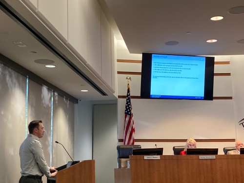 Texas Department of Transportation engineer Matthew Connelly discussed upcoming road projects in The Woodlands area at a April 27 meeting. (Vanessa Holt/Community Impact Newspaper)
