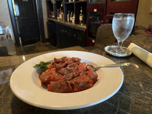 Rigatoni sausage ($15.95) includes tomato sauce with a touch of cream and sliced Italian sausage. (Maegan Kirby/Community Impact Newspaper)