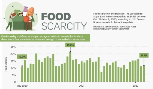 Food scarcity in the Houston-The Woodlands-Sugar Land metro area peaked at 21.4% between Oct. 28-Nov. 9, 2020, according to U.S. Census Bureau Household Pulse Survey data. (Ethan Pham/Community Impact Newspaper) 