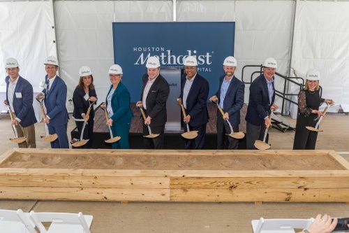 Houston Methodist West Hospital held a groundbreaking ceremony for its third medical office building on May 6. Pictured left to right: Tommy Waldron, Senior Project Manager, Vaughn Construction, Brian Gray, Principal, Page Southerland Page, Inc., Laura Espinosa, Associate Chief Nursing Officer, Vicki Brownewell, Chief Nursing Officer, George Walker, System Administrator for Orthopedics, Sean Menogan, Senior Vice President, Construction, Facilities Design and Real Estate, Kyle Stanzel, Chief Operating Officer, Wayne Voss, Chief Executive Officer, Debbie Sukin, Regional Senior Vice President. (Courtesy Houston Methodist West Hospital)