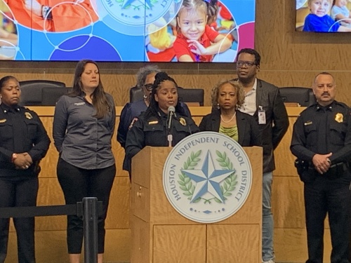 Lucretia Rogers, assistant chief of the HISD police department, speaks at a May 25 media briefing. (Shawn Arrajj/Community Impact Newspaper)