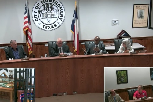 Montgomery City Council members voted May 24 to terminate the contract with City Administrator Richard Tramm (bottom, far right) with Council Member T.J. Wilkerson (top, second from right) voting against the motion. (Screenshot courtesy city of Montgomery)