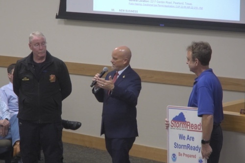 From left are: Pearland Emergency Management Coordinator Peter Martin; Pearland Mayor Kevin Cole; and Dan Reilly, warning coordination meteorologist for the National Weather Service in Houston and Galveston. (Screenshot of Pearland City Council stream)