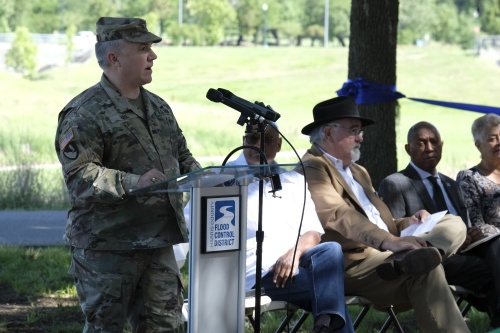 Col. Timothy Vail with the Army Corps of Engineers speaks at a Project Brays ribbon-cutting May 26. (George Wiebe/Community Impact Newspaper)