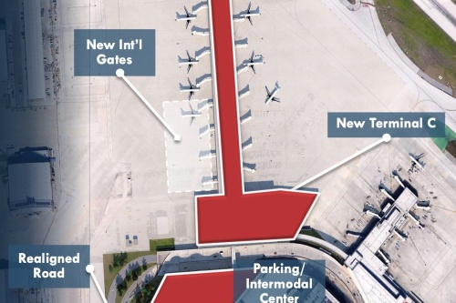Global architecture and design firm Corgan will lead the design efforts on a third terminal at the San Antonio International Airport. This rendering shows the planned location of Terminal C, which will add 17 gates to the North Side airport by 2030. The city plans to introduce other improvements at the airport over the next decade. (Courtesy city of San Antonio)