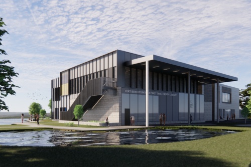 Renderings for the Fulshear-area Precinct 3 North Library, which now actually rests within Precinct 1 due to redistricting in late 2021, show the two-story, 41,500-square-foot exterior. (Courtesy Fort Bend County)