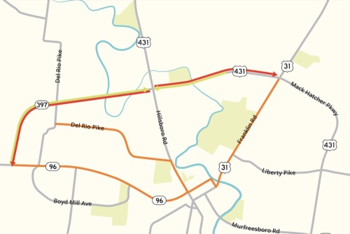 Lane closures and detours will be in effect at Mack Hatcher Parkway and Hillsboro Road in Franklin from 8 p.m. June 9 through noon on June 10. Right turns will be allowed on all approaches. (Courtesy Tennessee Department of Transportation) 