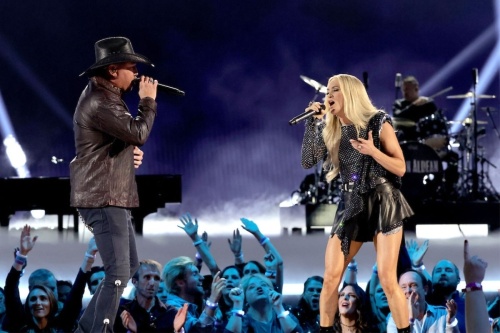 Pictured is Jason Aldean and Carrie Underwood performing at the 57th Academy of Country Music Awards in 2022. The 58th Academy of Country Music Awards will be broadcast from the Star in Frisco. (Courtesy Getty Images for ACM)