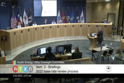 Vice President of Finance at Austin Energy, Rusty Maenius, presents the proposal for a base rate raise at a City Council meeting. (Kaitlyn Wilkes/Community Impact)