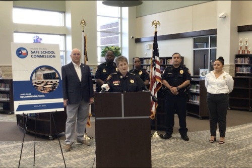 Fire Marshal Laurie Christensen spoke at a press conference on school safety about the fire marshal's office's efforts to coordinate response to emergencies. (Screenshot courtesy Harris County Fire Marshal's Office)