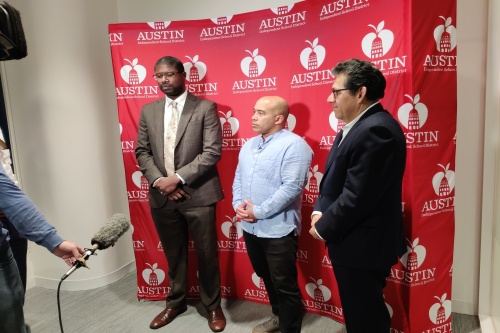 From left: Interim Superintendent Anthony Mays, District 3 Trustee Kevin Foster and board of trustees President Geronimo Rodriguez Jr. discuss the largest bond package in AISD history. (Zach Keel/Community Impact Newspaper)