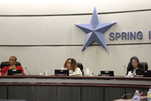 On Sept. 13, Spring ISD trustees approved the district's total tax rate of $1.2546 per $100 valuation for the fiscal year 2022-23. From left: Board Secretary Kelly P. Hodges, President Justine Durant and Superintendent Lupita Hinojosa were in attendance. (Emily Lincke/Community Impact Newspaper)