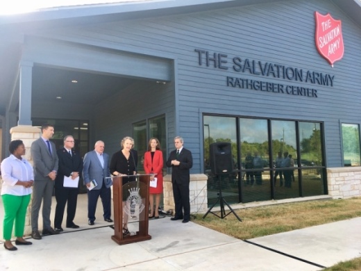 City officials and Salvation Army members gathered in front of the Rathgeber Center in September to publicly push for operating cost donations. (Christopher Neely/Community Impact Newspaper)