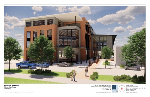 The Old Gin Pforum, a mixed-use development, is in the works for downtown Pflugerville. (Rendering courtesy Adeline Bui)