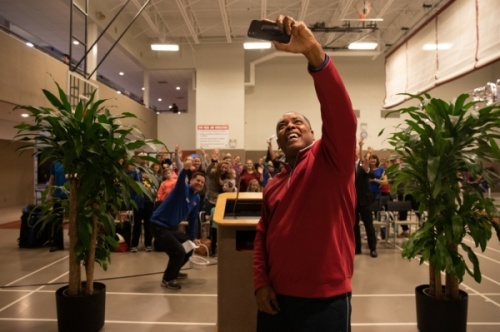 Photos and social media posts are used to gain points in the Its Time Texas Community Challenge. The crowd gathered at the Rec Fest kickoff for a selfie to gain 15,000 points for Plano. (Liesbeth Powers/Community Impact Newspaper)