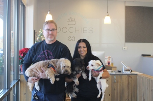 Peter and Mariana Meredith were inspired by their dogs, Frida, Chato and Oso, to open Poochie's Austin Groomers & Pet Lounge. 
Amy Rae Dadamo/Community Impact Newspaper