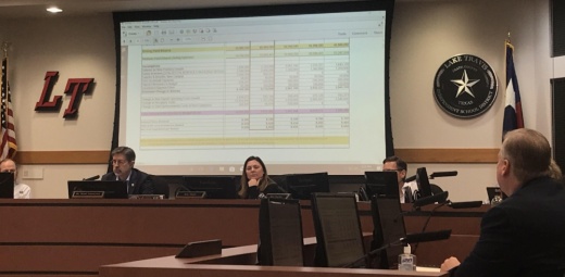 Johnny Hill—Lake Travis ISD’s assistant superintendent for business, financial and auxiliary services—presented the district's budget projections during a Jan. 15 school board meeting. (Amy Rae Dadamo/Community Impact Newspaper)