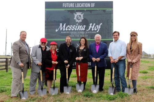From left: Harvest Green General Manager Jerry Ulke; Messina Hof founders Paul and Merrill Bonarrigo; current owners Paul M. and Karen Bonarrigo; Doug Goff with Johnson Development, the developer of Harvest Green; Harvest Green Development Manager David Hogue; and Harvest Green Marketing Director Haley Peck were in attendance at the ceremonial groundbreaking of the Messina Hof Harvest Green Winery and Kitchen. (Courtesy Messina Hof)
