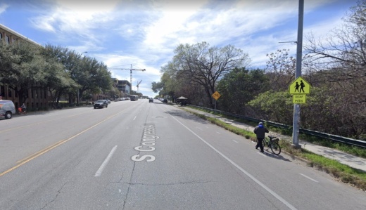 Austin Transportation installed "No parking" signs in 2019 on South Congress Avenue to discourage illegal parking in bicycle lanes. (Courtesy Google Maps)