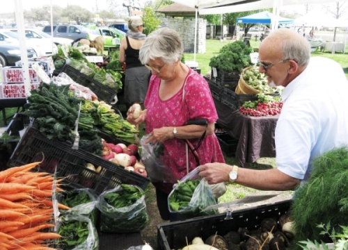 A photo of an older couple choosing produce
