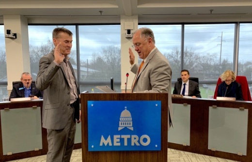 Leander Mayor Troy Hill was sworn in as the newest member of the Capital Metro board of directors during its Jan. 27 meeting. (Amy Denney, Community Impact Newspaper)
