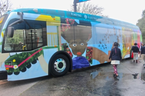In 2020, Capital Metro will put 12 electric buses into service. The first two went into operation Jan. 26 and feature artwork from students in East Austin. (Amy Denney/Community Impact Newspaper)