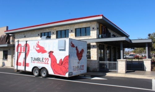 The Tumble 22 Hot Chicken food trailer is parked outside the former PDQs at 4501 183A in Cedar Park on Jan. 28. (Brian Perdue/Community Impact Newspaper)