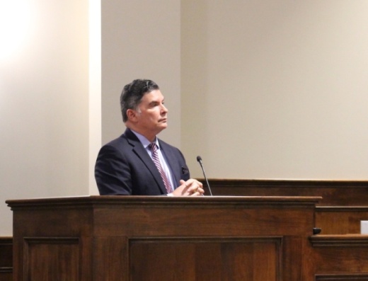 Katy Police Chief Jose Noe Diaz addresses Katy City Council members. (Nola Z. Valente/Community Impact Newspaper)
