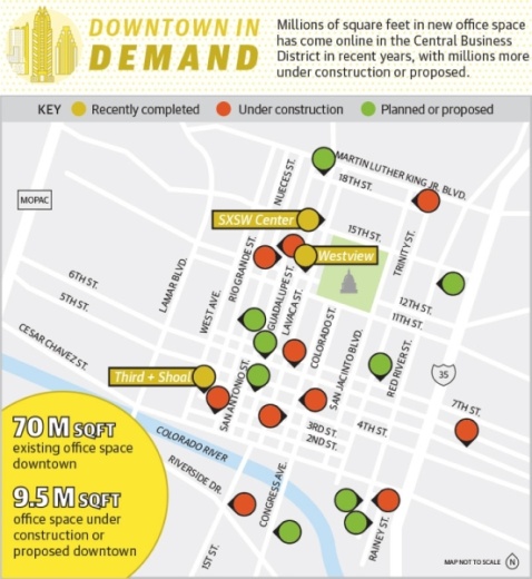 Millions of square feet in new office space has come online in the Central Business District in recent years, with millions more under construction or proposed. (Downtown Austin Alliance/Community Impact Newspaper)