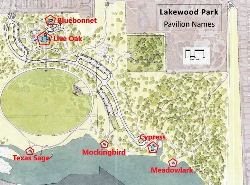 This map shows the locations of the Lakewood Park's six pavilions. (Courtesy city of Leander)