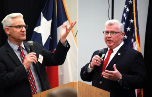 From left: Candidates for Precinct 1 commissioner Billy Graff and Robert Walker speak at the Lake Conroe Area Republican Women forum. (Andy Li/Community Impact Newspaper)