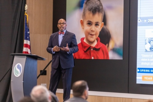 Spring ISD Superintendent Rodney Watson announces the launch of four new specialty programs, plans for a second early college program and the expansion of full-day pre-K to all 25 elementary campuses during the annual State of the District event Feb. 5. (Courtesy Spring ISD)
